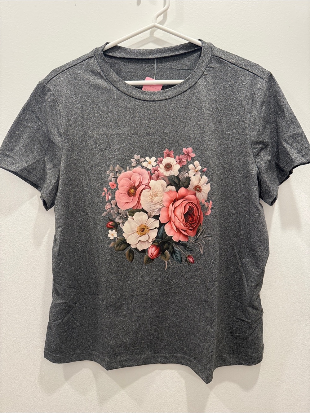 Gray Floral Graphic Tee with Pink Bouquet